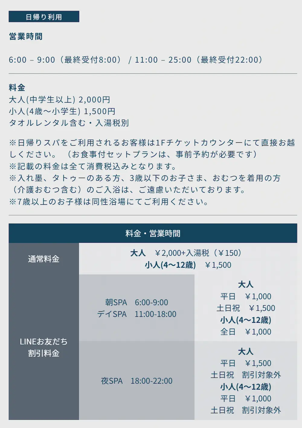 
スパの日帰り利用料金（リーベルホテル大阪 公式サイトより引用）